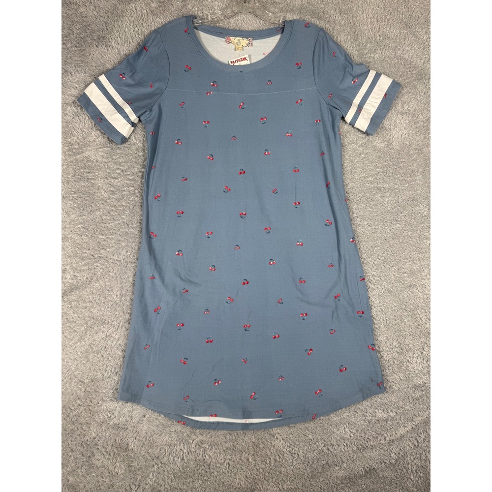 Pink Rose T-Shirt Dress Womens Large Blue New Cherry Print Varsity Stripe Mini